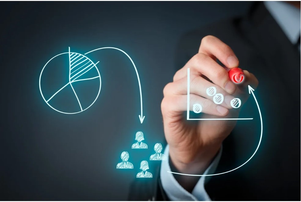 Hand drawing a pie chart with target audience and a graph